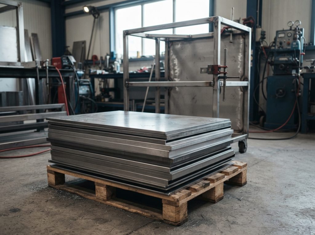 Stainless steel sheets beside a welded cabinet frame
