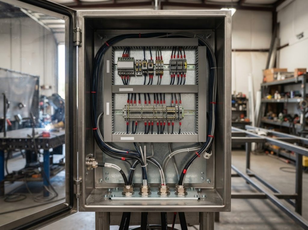 Cabinet interior with mounting plate, brackets and cable penetrations