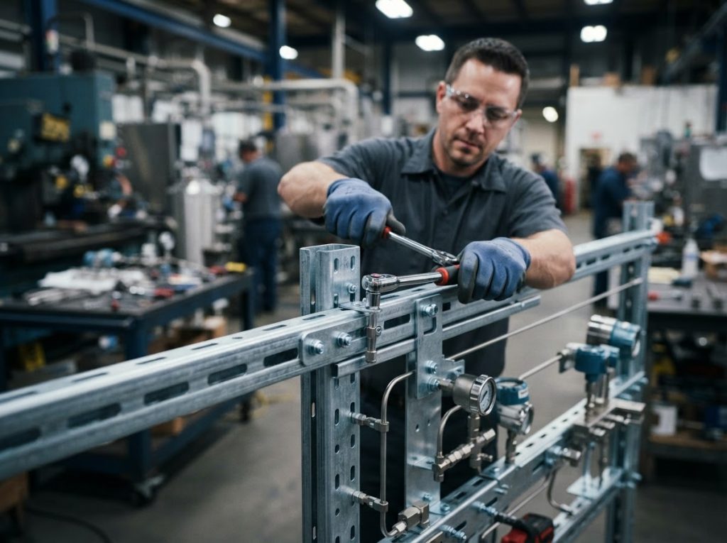 Rack framework with mounting patterns being assembled