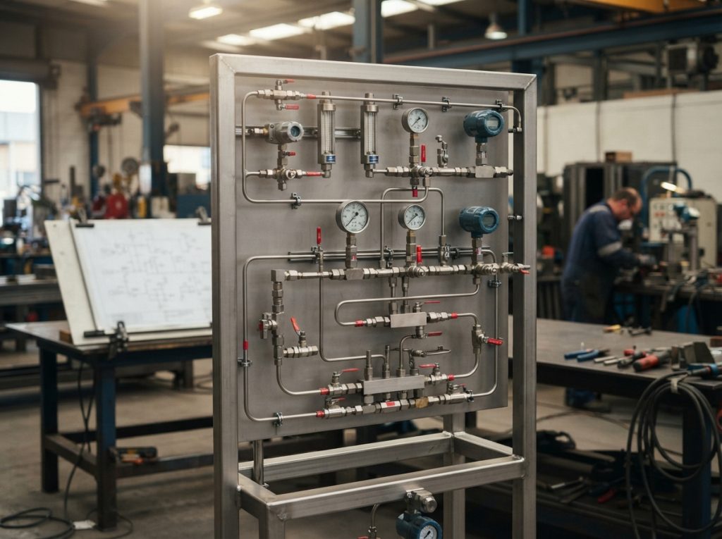 Instruments, valves and manifolds installed on a panel from a layout drawing