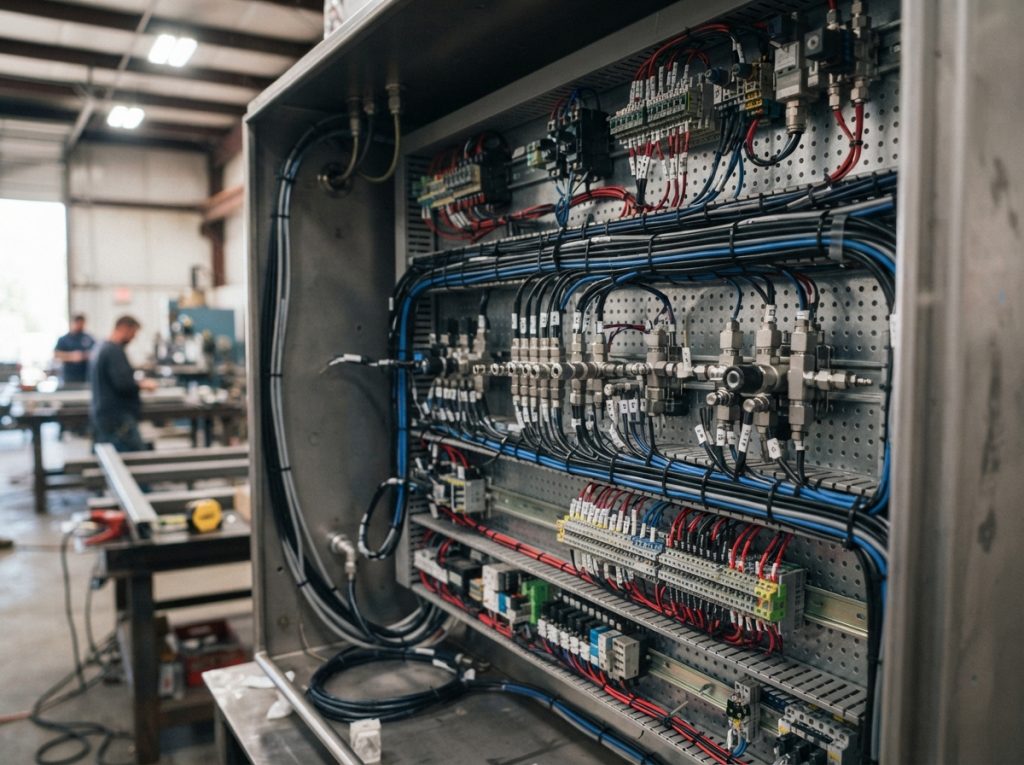Organized tubing runs and labeled wiring on the back of a panel