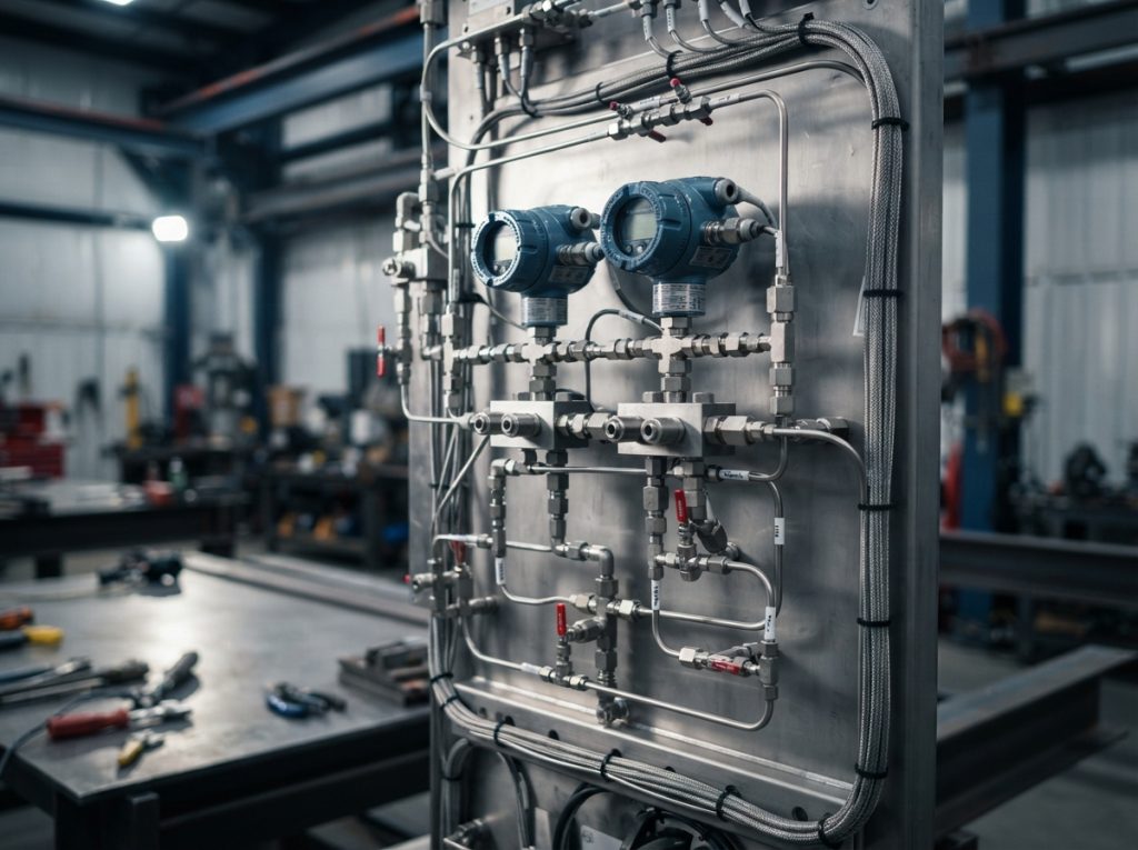Instrument tubing, manifolds and valves connected to transmitters