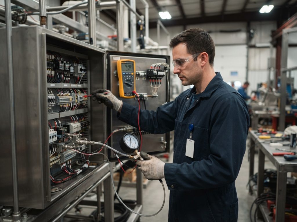 Technician testing an E&I panel with a multimeter and pressure gauge