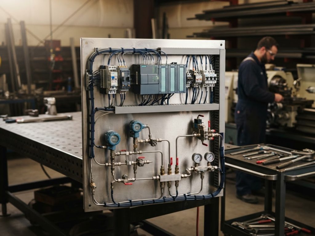 E&I assembly with controller, power components, transmitters and tubing on one backplate