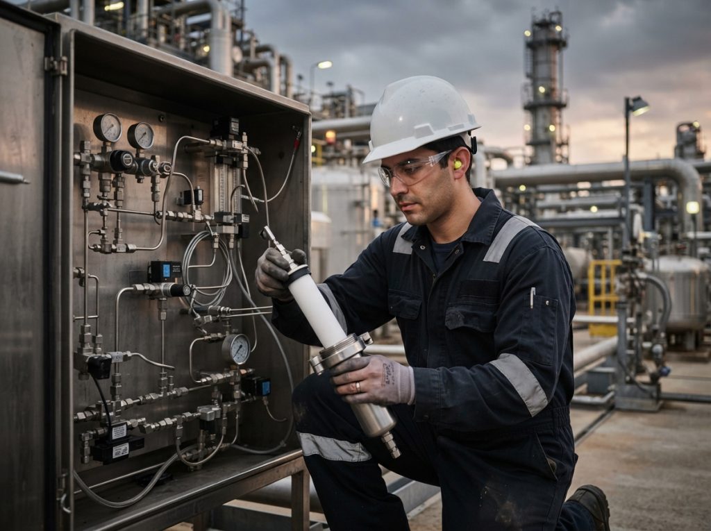 Technician replacing a filter element during preventive maintenance