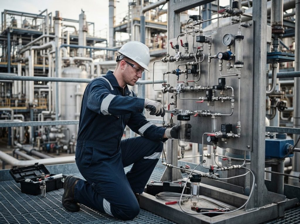 Technician replacing filters and tubing on a sample conditioning panel