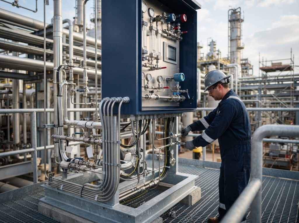Shop-built analyzer package being connected to sample, utility and electrical lines in the field