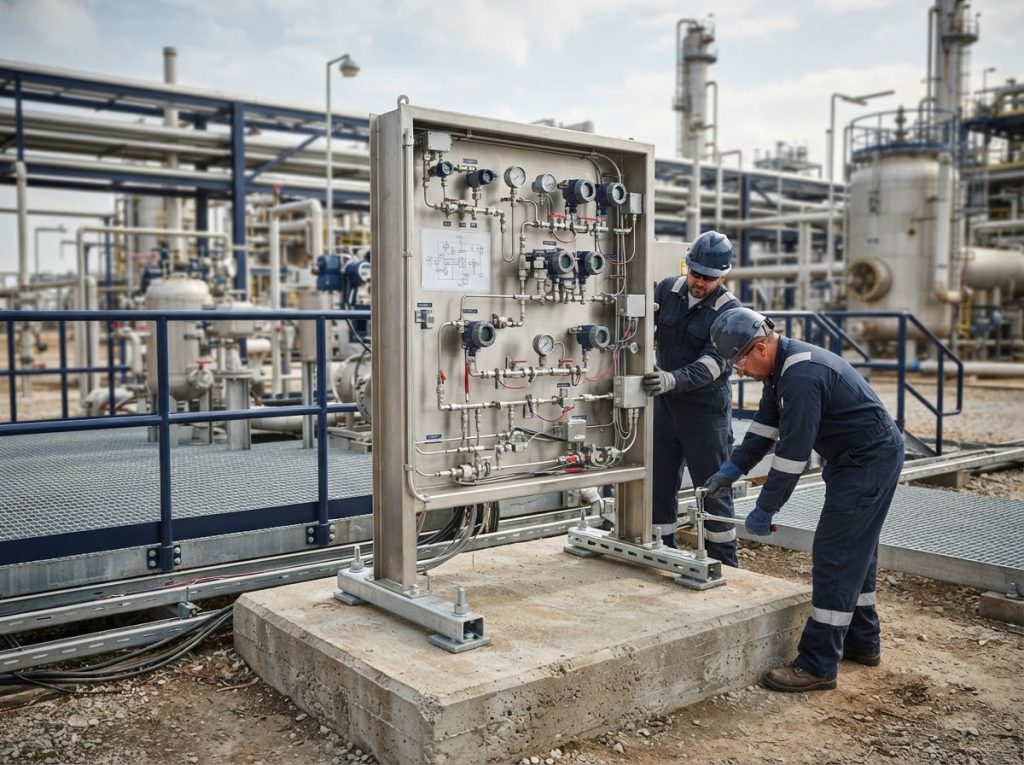 Analyzer panel anchored to a concrete pad with service access around it