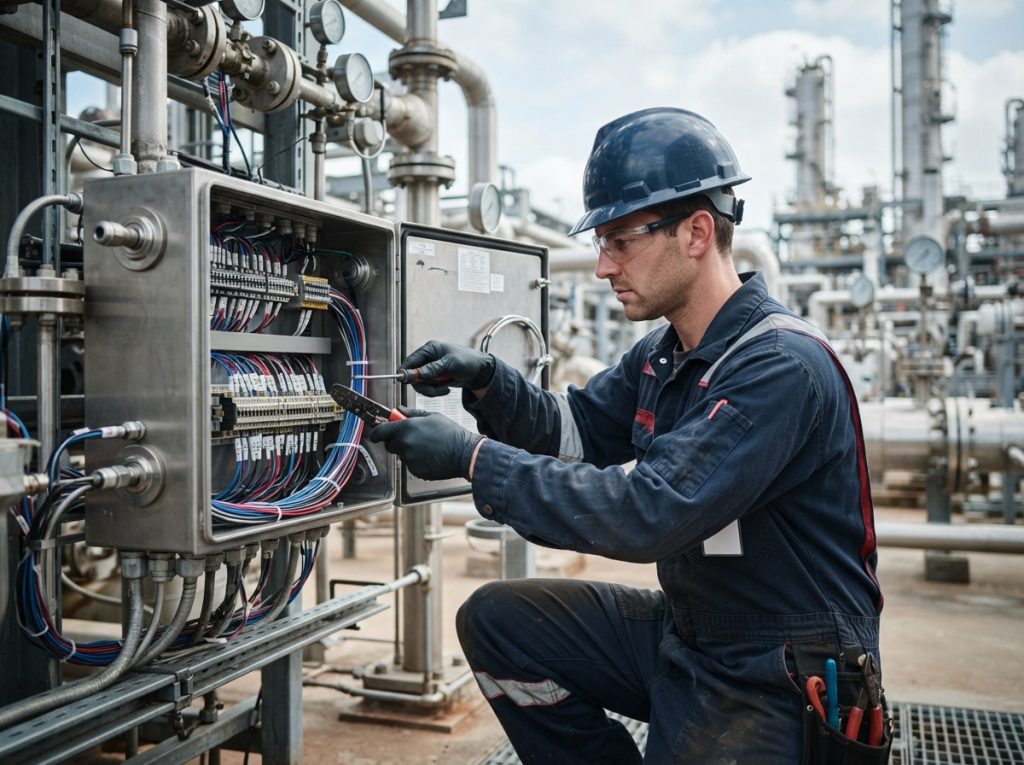Technician terminating labeled signal cables in an analyzer junction box