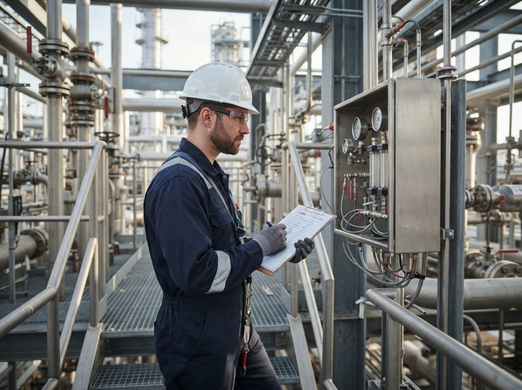 Technician checking an installed analyzer against a punch list