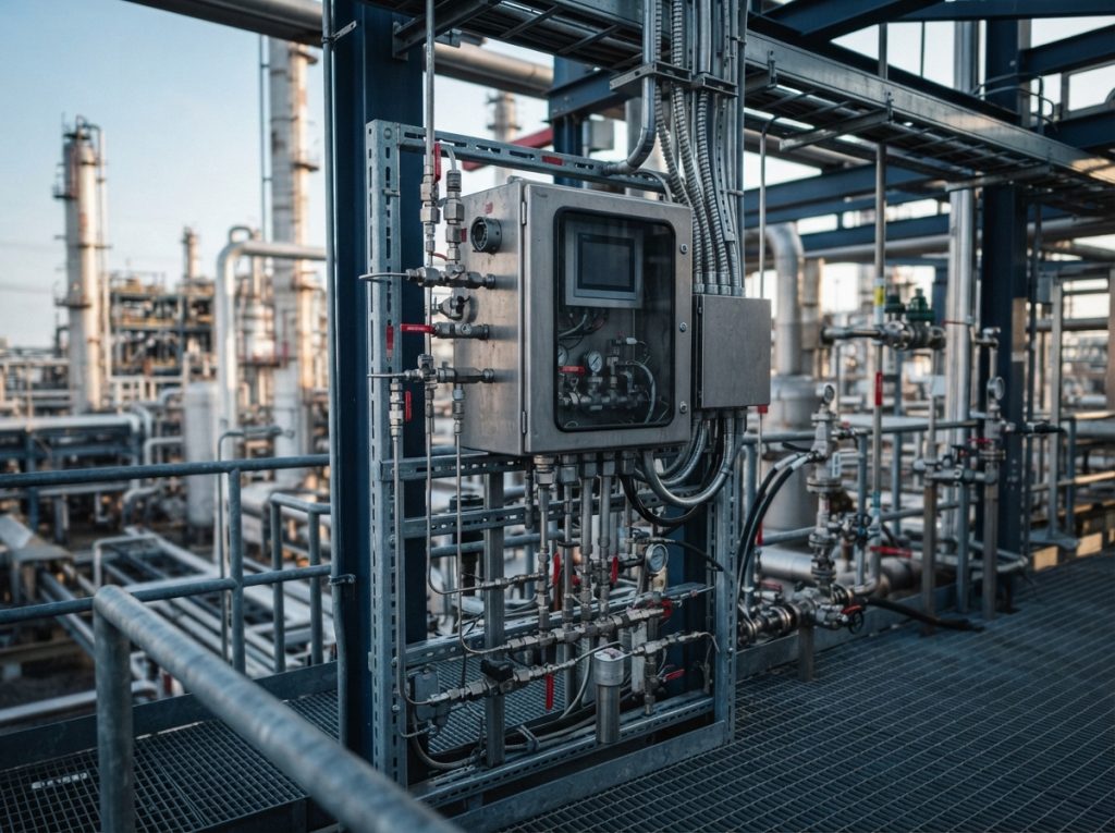 Process analyzer at its operating location with sample, utility and electrical connections