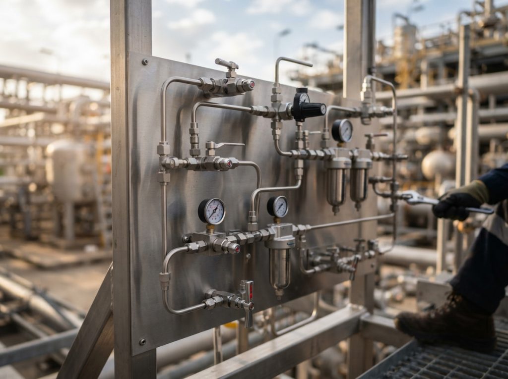 New valves, regulators and filters installed on a sample handling panel