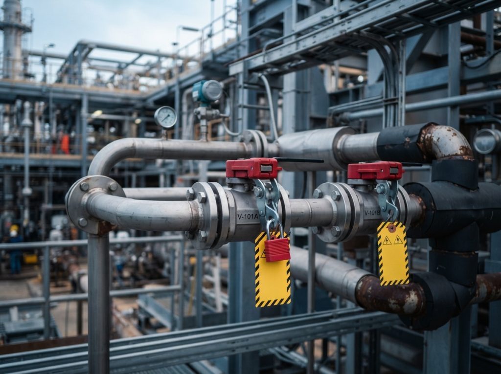 Tagged isolation valves at a process tie-in point for a retrofit