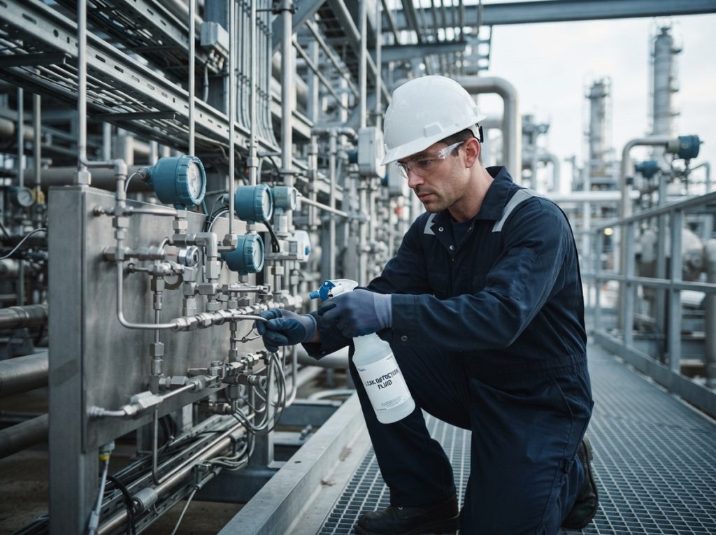 Technician leak checking new tube fittings on a sample system