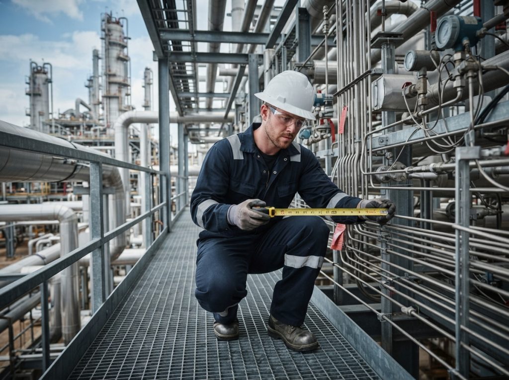 Technician measuring a tube bundle route along a pipe rack