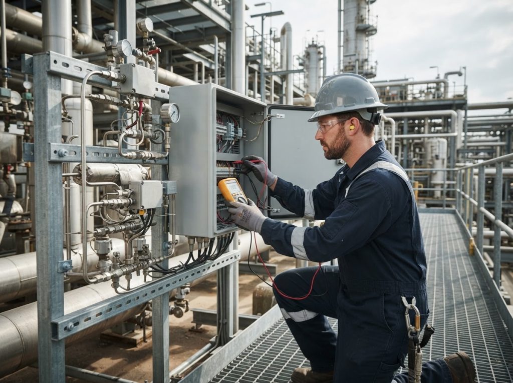 Technician checking a heat trace connection with a multimeter