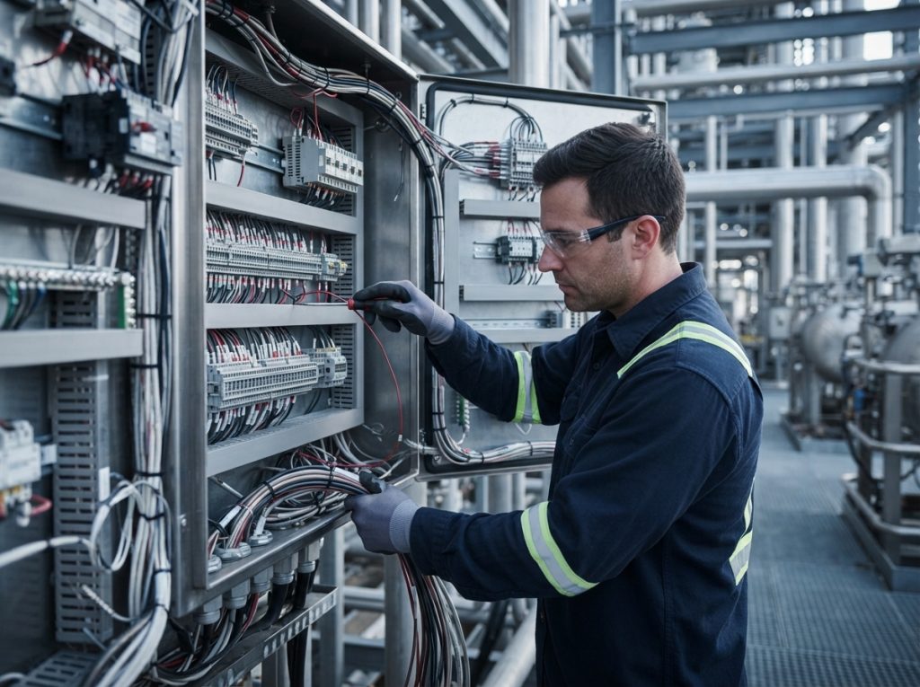 Electrician terminating power and instrument cables on terminal blocks