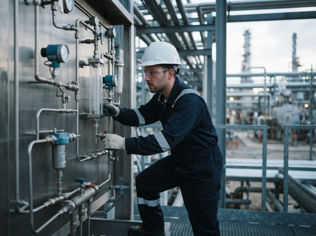 Technician verifying flow on a rotameter on a sample panel