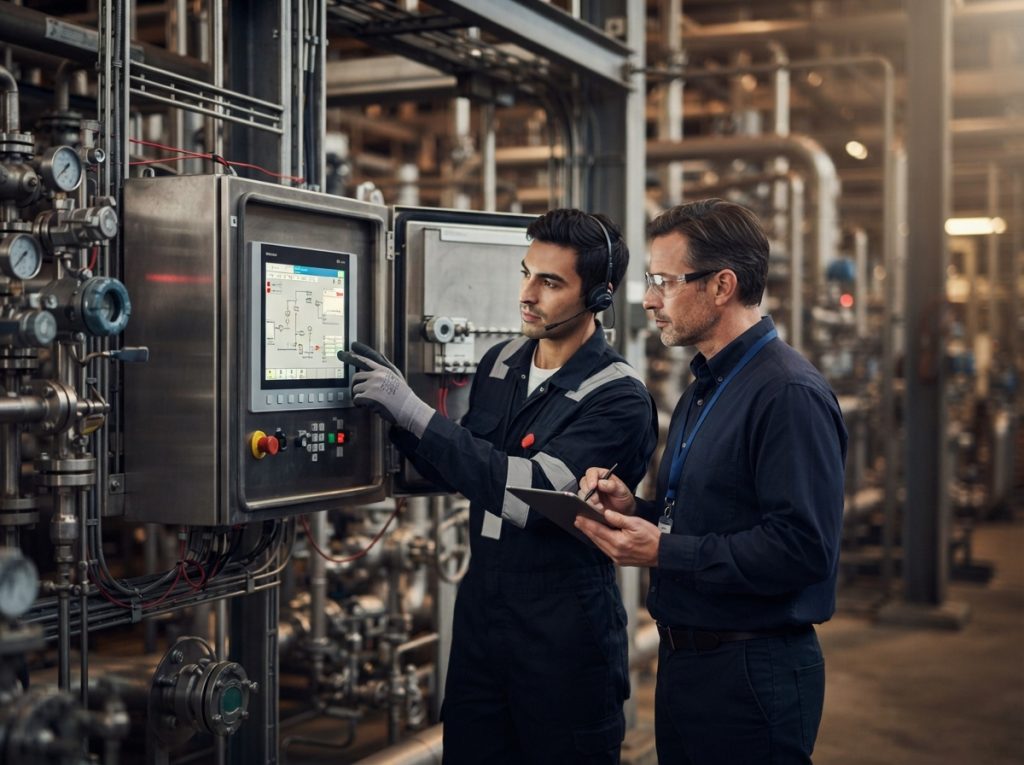 Factory-trained technician and plant engineer checking analyzer functions