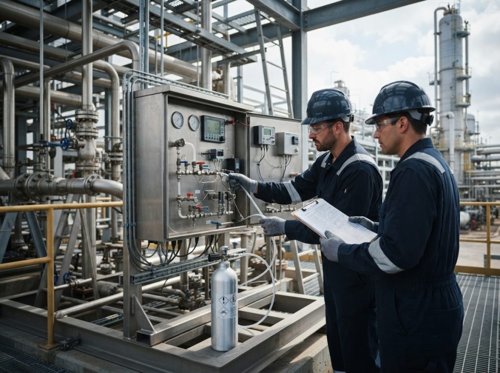 Technicians verifying an installed analyzer with a test gas cylinder