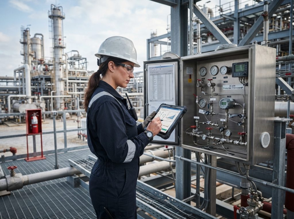 Technician reviewing maintenance records on a tablet beside an analyzer