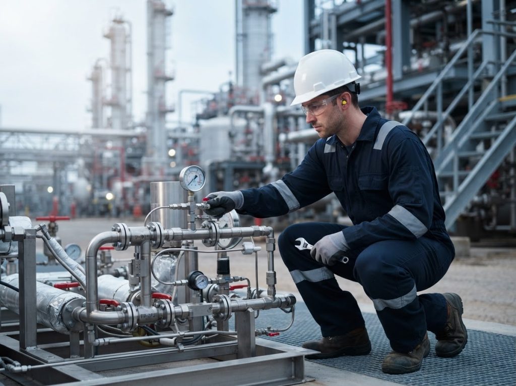 Technician inspecting valves and regulators during a planned visit