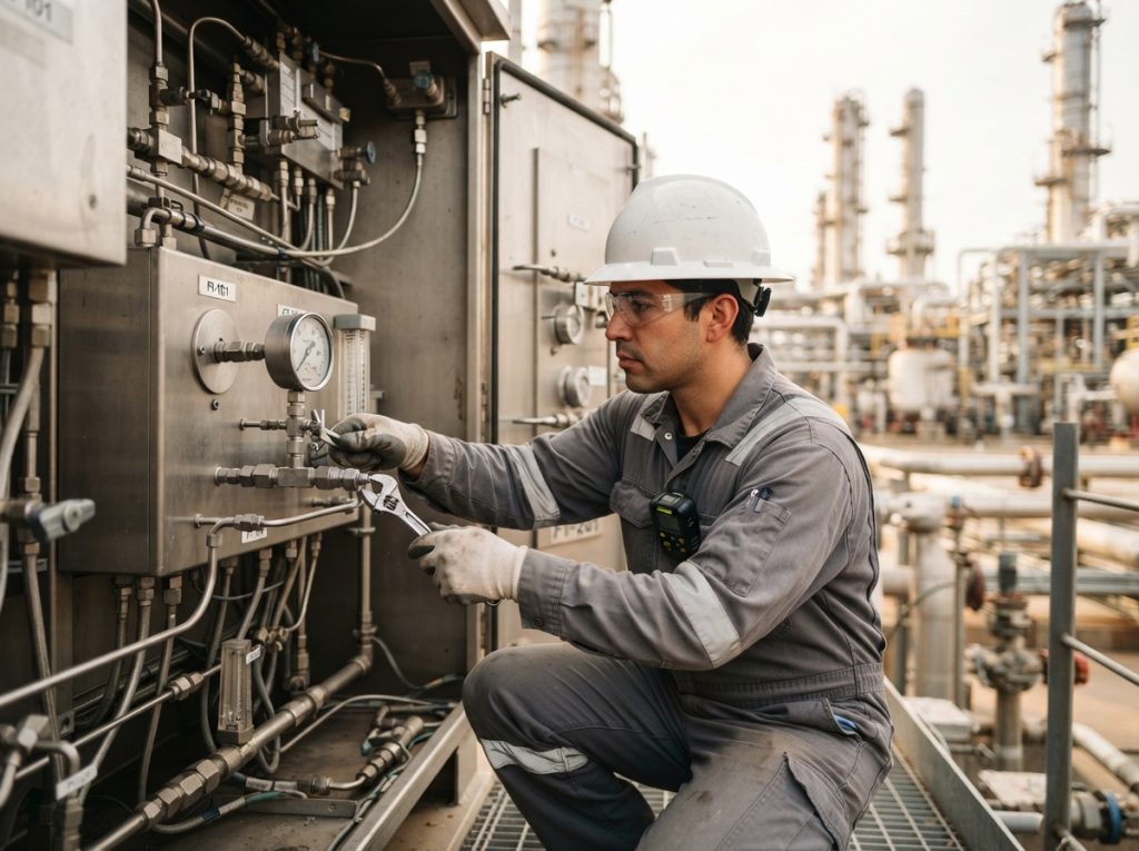 Technician troubleshooting a sample line with a pressure gauge