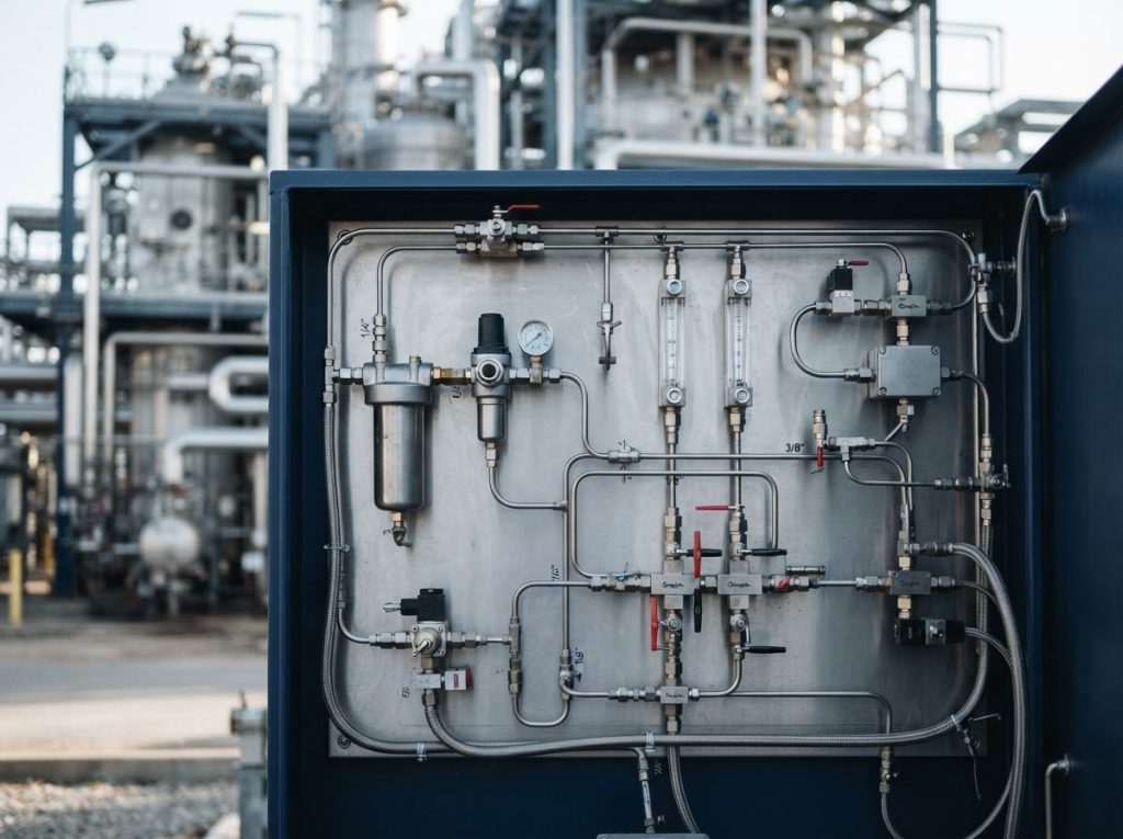 Sample filters, valves, regulators and transport lines on an analyzer panel
