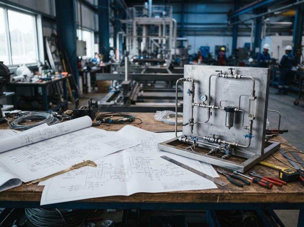 Isometric drawings beside a partially assembled sample station