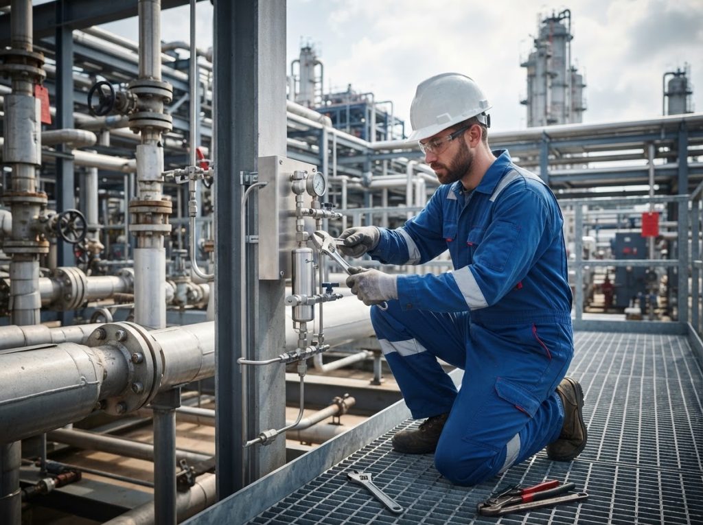 Technician installing a new grab sampling station beside process piping