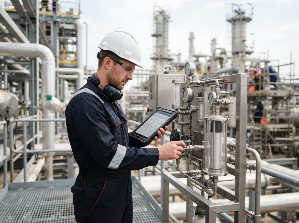 Technician inspecting a grab sampling station during a scheduled visit