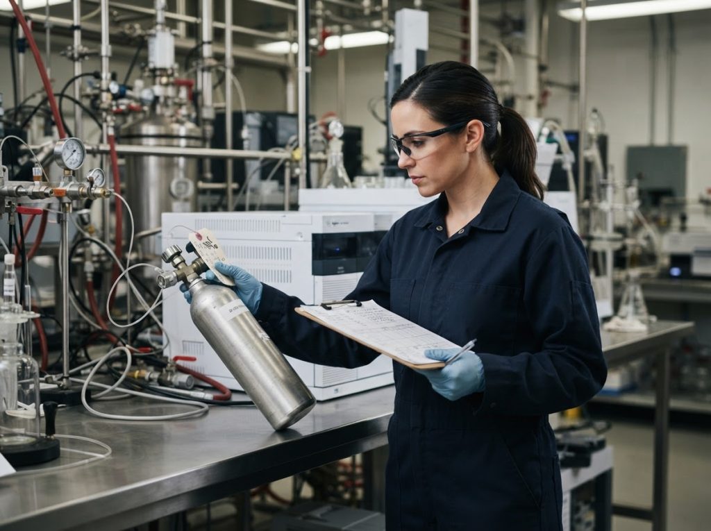 Laboratory analyst checking a pressurized sample cylinder