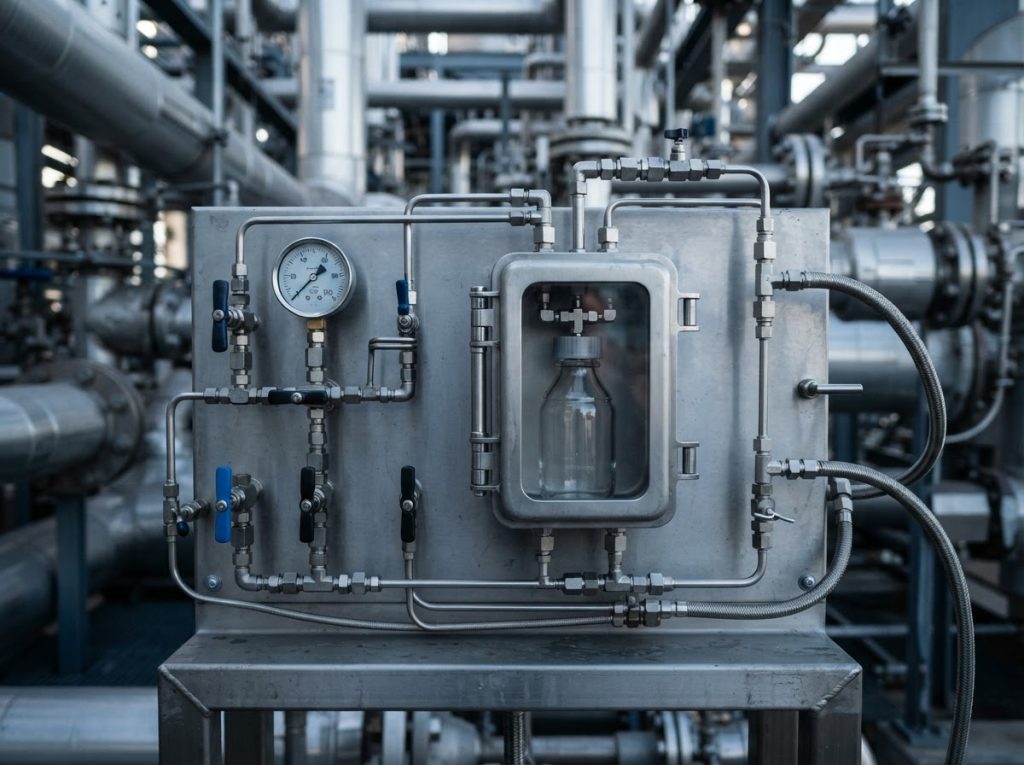 Closed-loop sampling panel with needle valves, fittings and a bottle enclosure