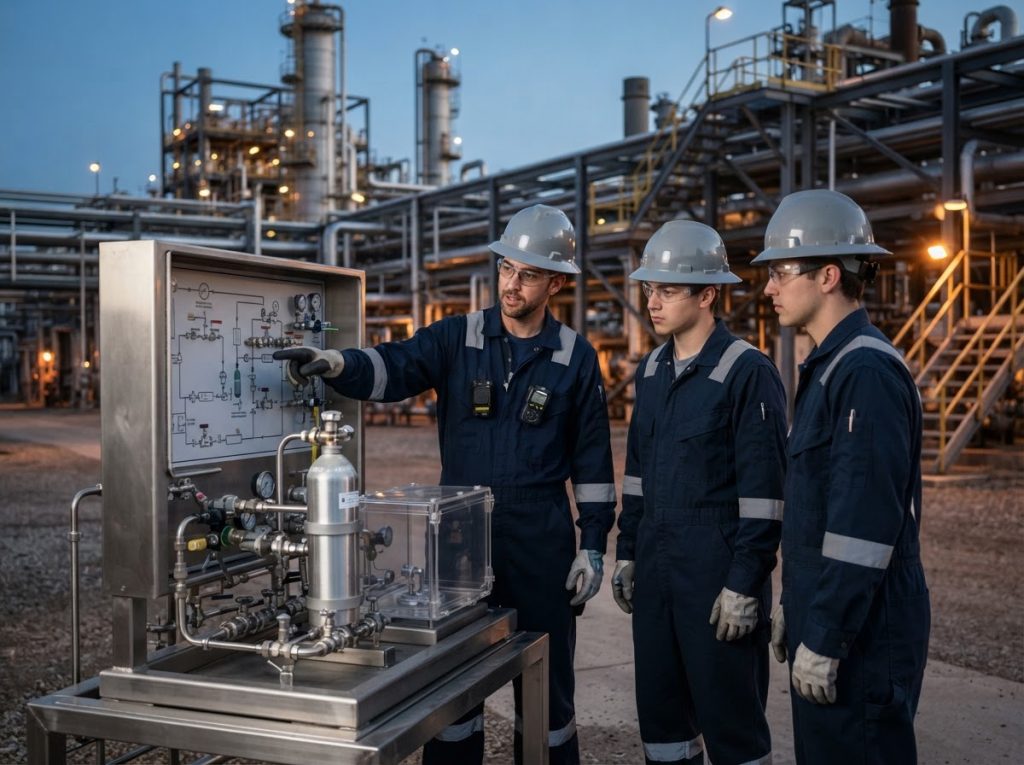 Technician training operators at a closed-loop grab sampling station