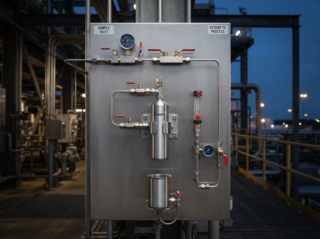 Closed-loop sampling panel with inlet, sample cylinder and return line