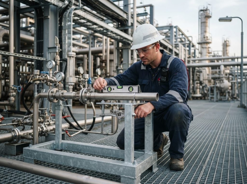 Technician leveling a grab sampling station on its mounting frame