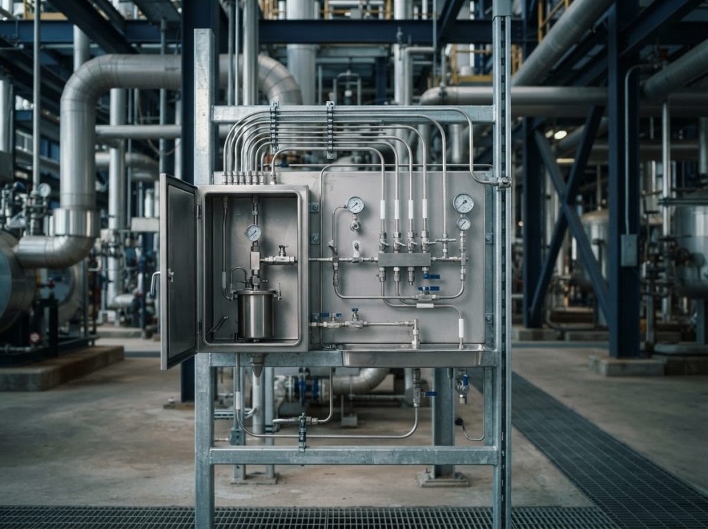 Stainless sample, return and utility tubing routed to a sampling station