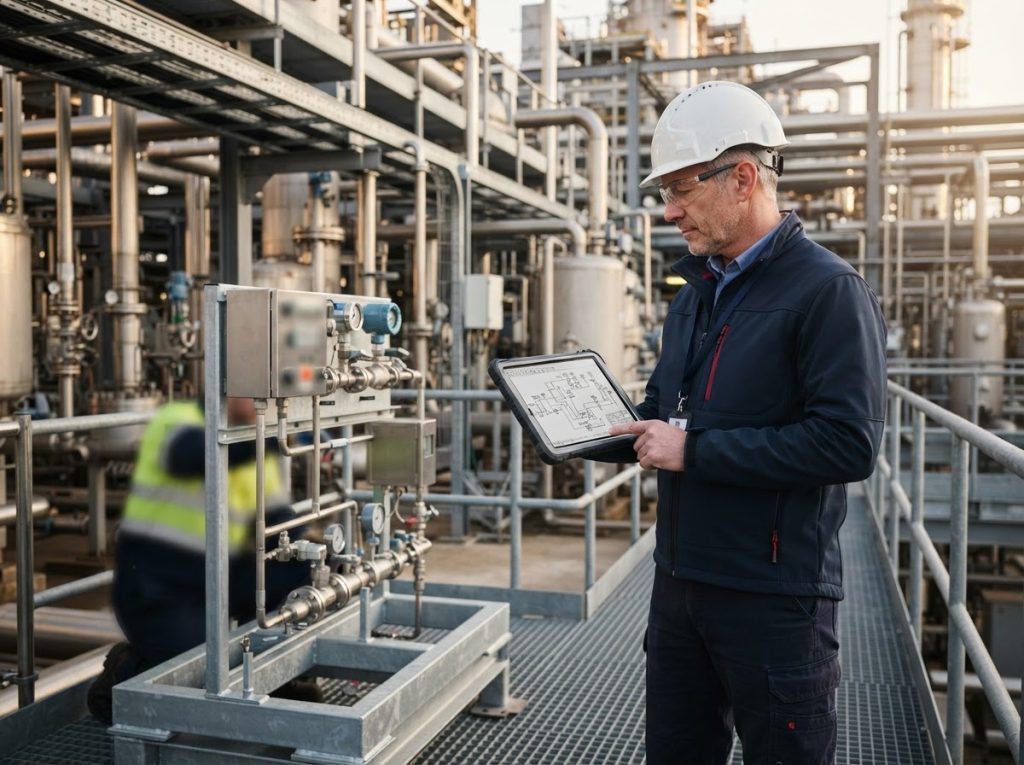 Project manager reviewing installation drawings beside a sampling station