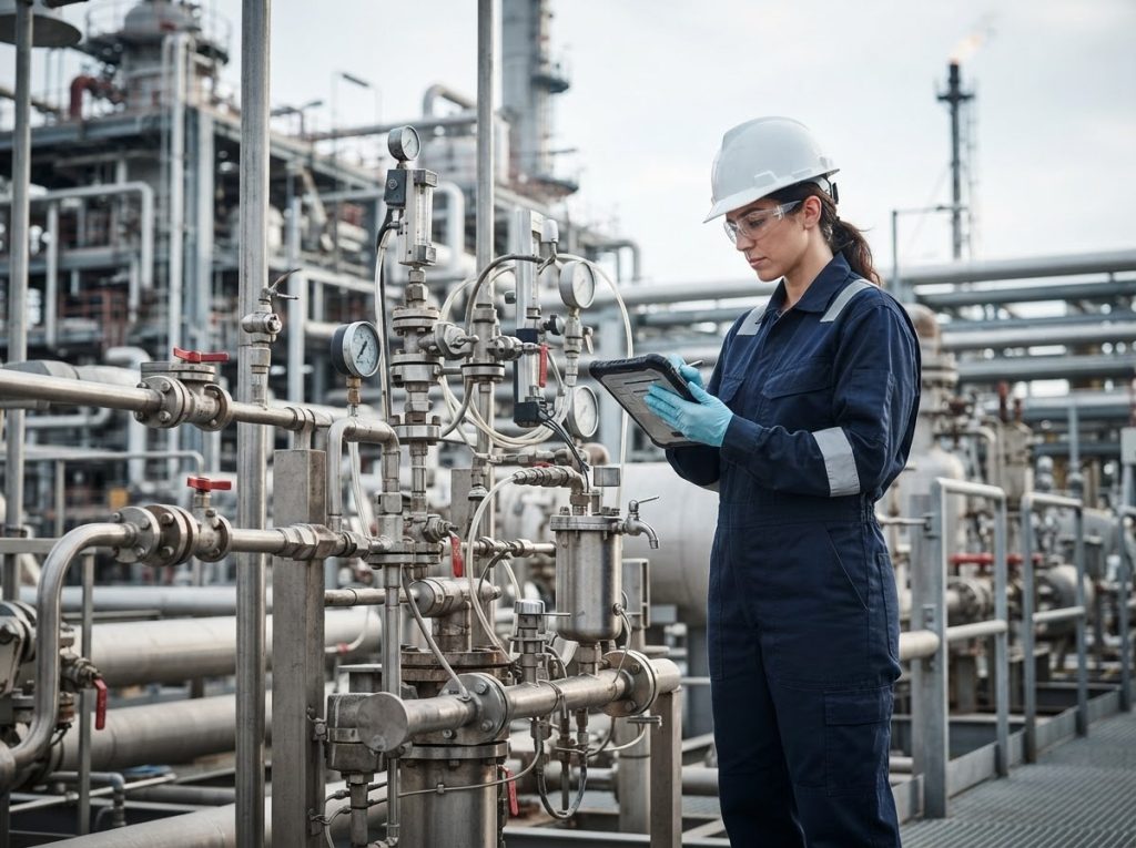 Technician surveying a sampling station and recording details on a tablet