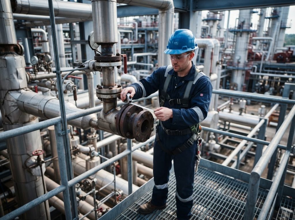 Technician measuring a process tie point during a field review