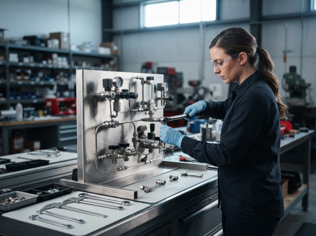 Technician assembling valves and tubing onto a sample station backplate
