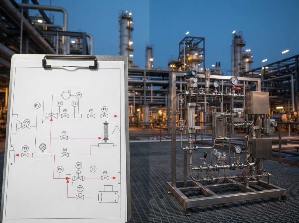 Sample station drawing beside the matching fabricated assembly