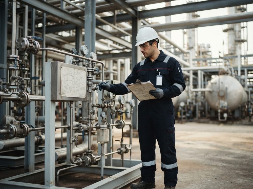 Technician reviewing an existing sampling station with its drawings