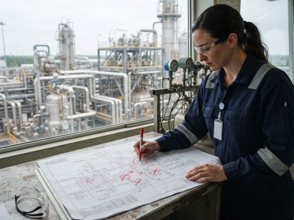 Engineer marking up a station drawing to define retained and replaced parts