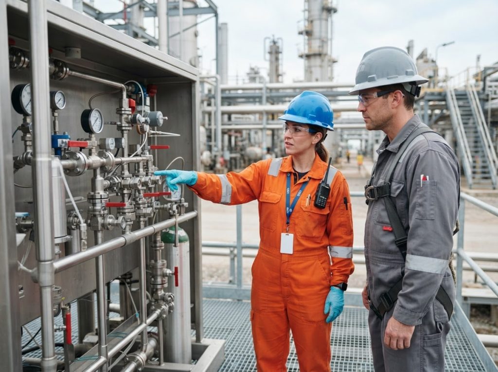 Technician walking an operator through a modified sampling station