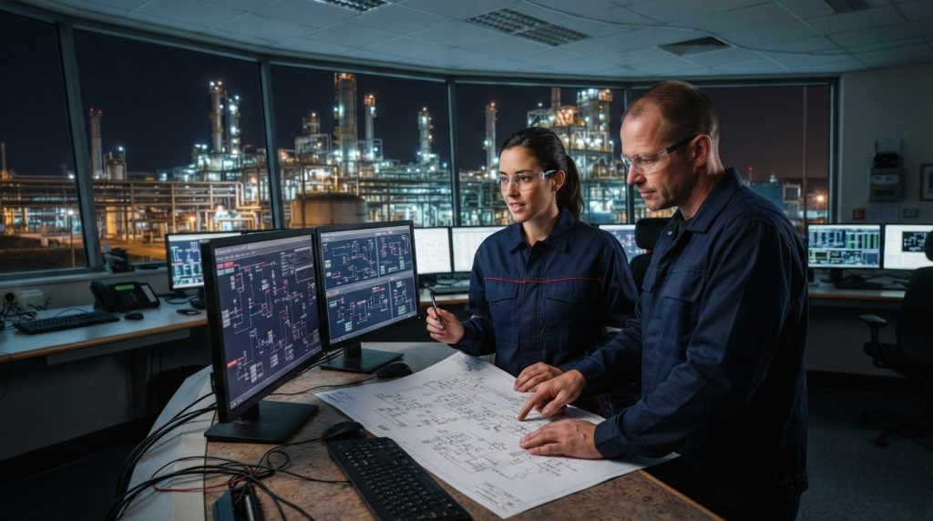 Engineers reviewing process data in a control room