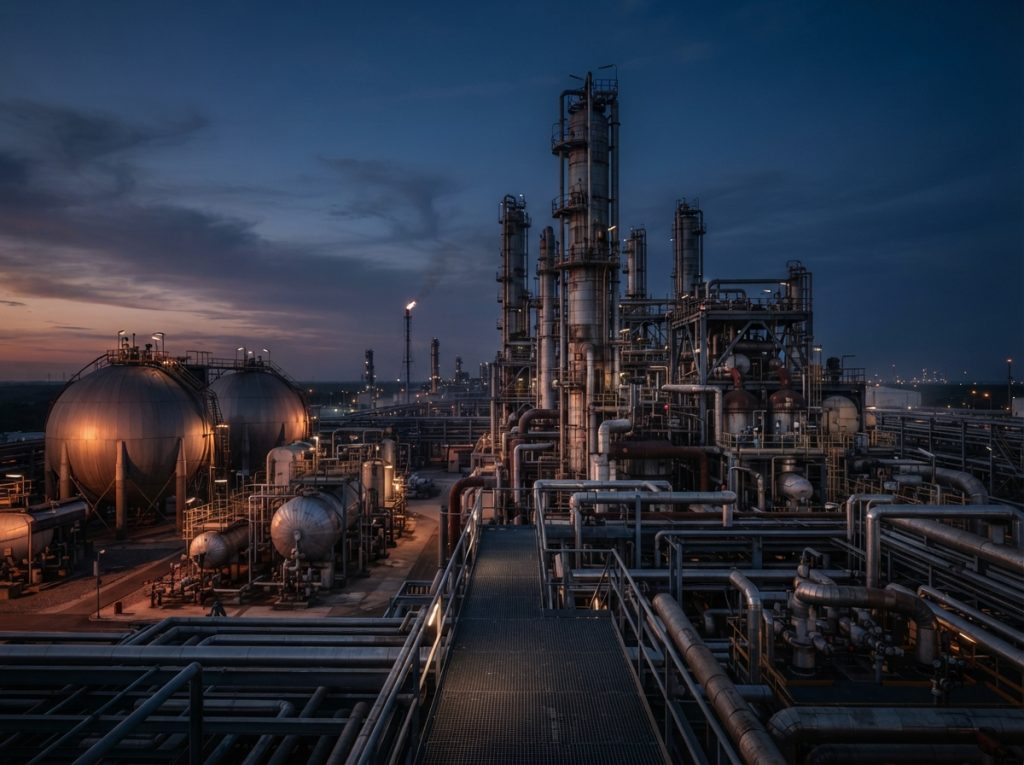 Petrochemical plant with reactors and storage spheres