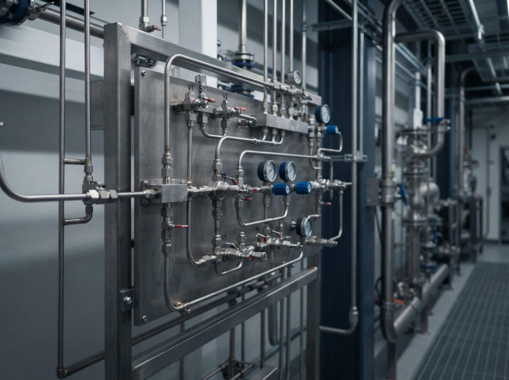 High-purity stainless gas panel in a semiconductor utility area