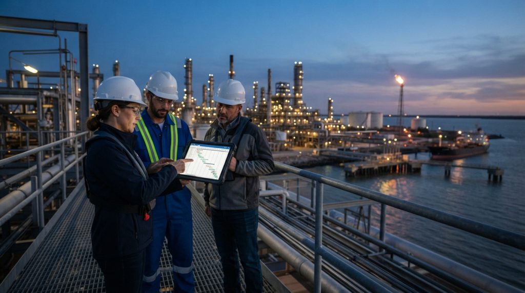 Project team reviewing a schedule at a Gulf Coast refinery
