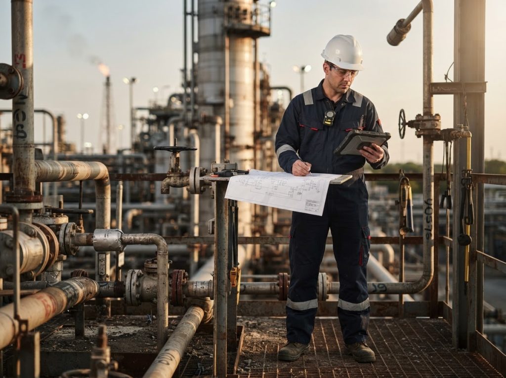 Technician planning a brownfield retrofit beside refinery piping